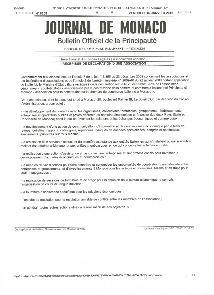 Pubblicazione dell'avviso di costituzione di Sportello Italia